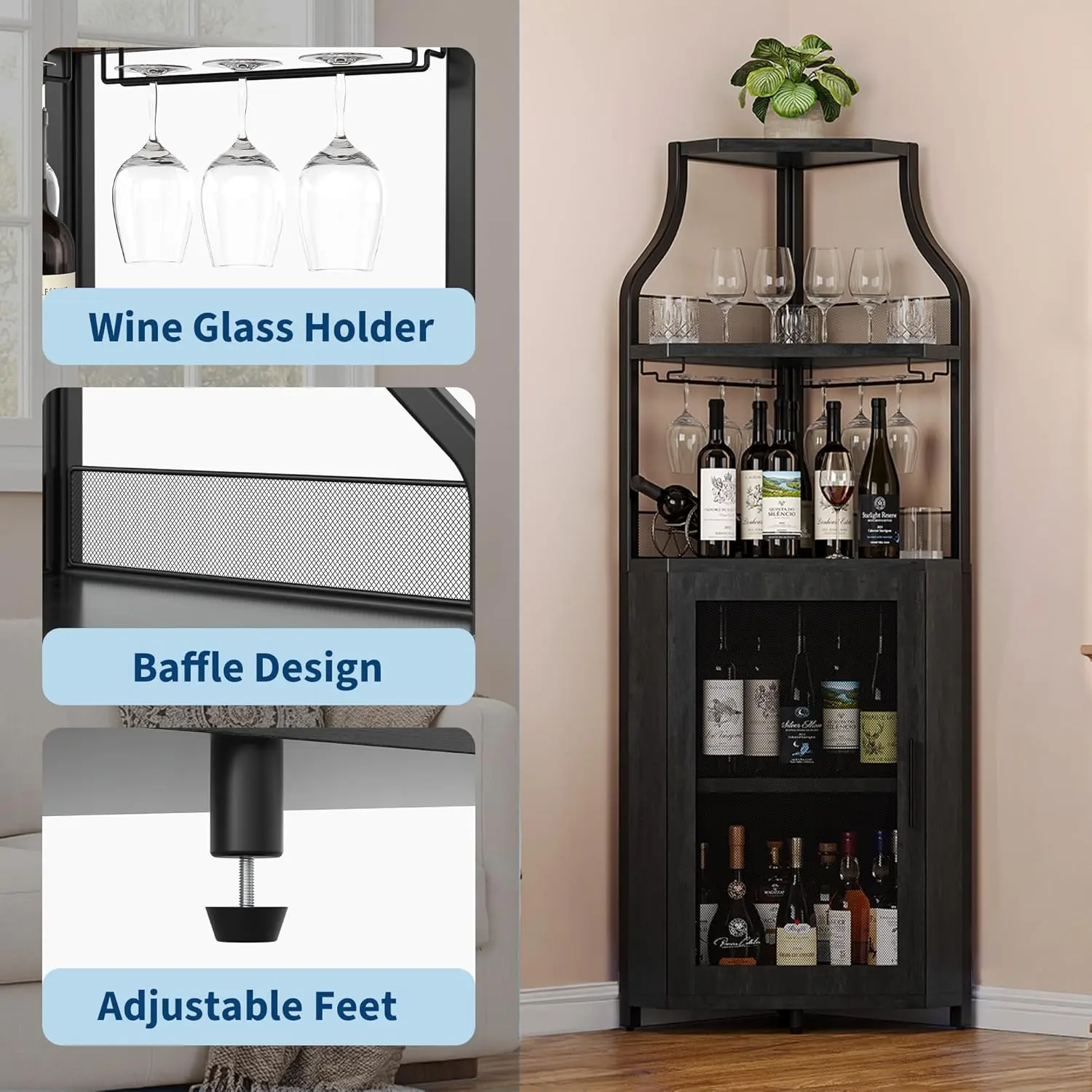 Mueble esquinero para vinos con estante extraíble y puerta estilo granero de 5 niveles