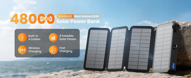 SOARAISE 48000mAh Solar Charger Power Bank, Wireless Portable Charger with 4 Built-in Cables & 7 Outputs,15W Fast Charging Portable Power Bank with USB C, Battery Pack with Flashlight for All Mobile Devices,back to school,back to school haul