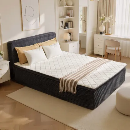 Cama moderna sin huesos todo en uno, cama a ras de suelo con pana suave y mullida para un sueño profundo, espuma viscoelástica de firmeza media para aliviar el dolor de espalda, colchón con aislamiento de movimiento en caja y sin necesidad de montaje.