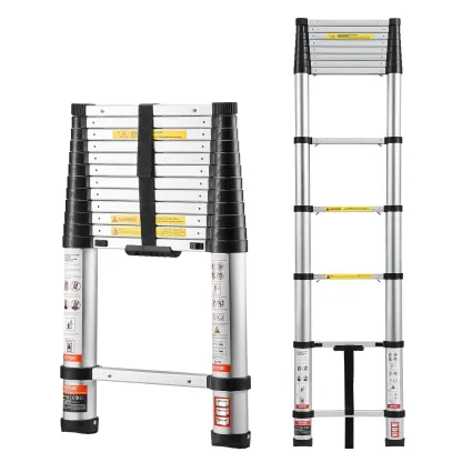 Escalera telescópica de 12.5 pies — De aluminio, ligera, multiusos y plegable — Retracción con un solo toque — Alta resistencia (capacidad máx. de 330 lb) con pies antideslizantes — Ideal para el hogar, trabajos al aire libre y acceso a desvanes.