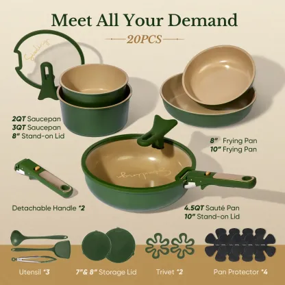 Juego de batería de cocina de cerámica de 20 piezas con tapas de apoyo vertical y mango desmontable; set de ollas y sartenes antiadherentes, no tóxicas y libres de PFAS; utensilios de cocina.