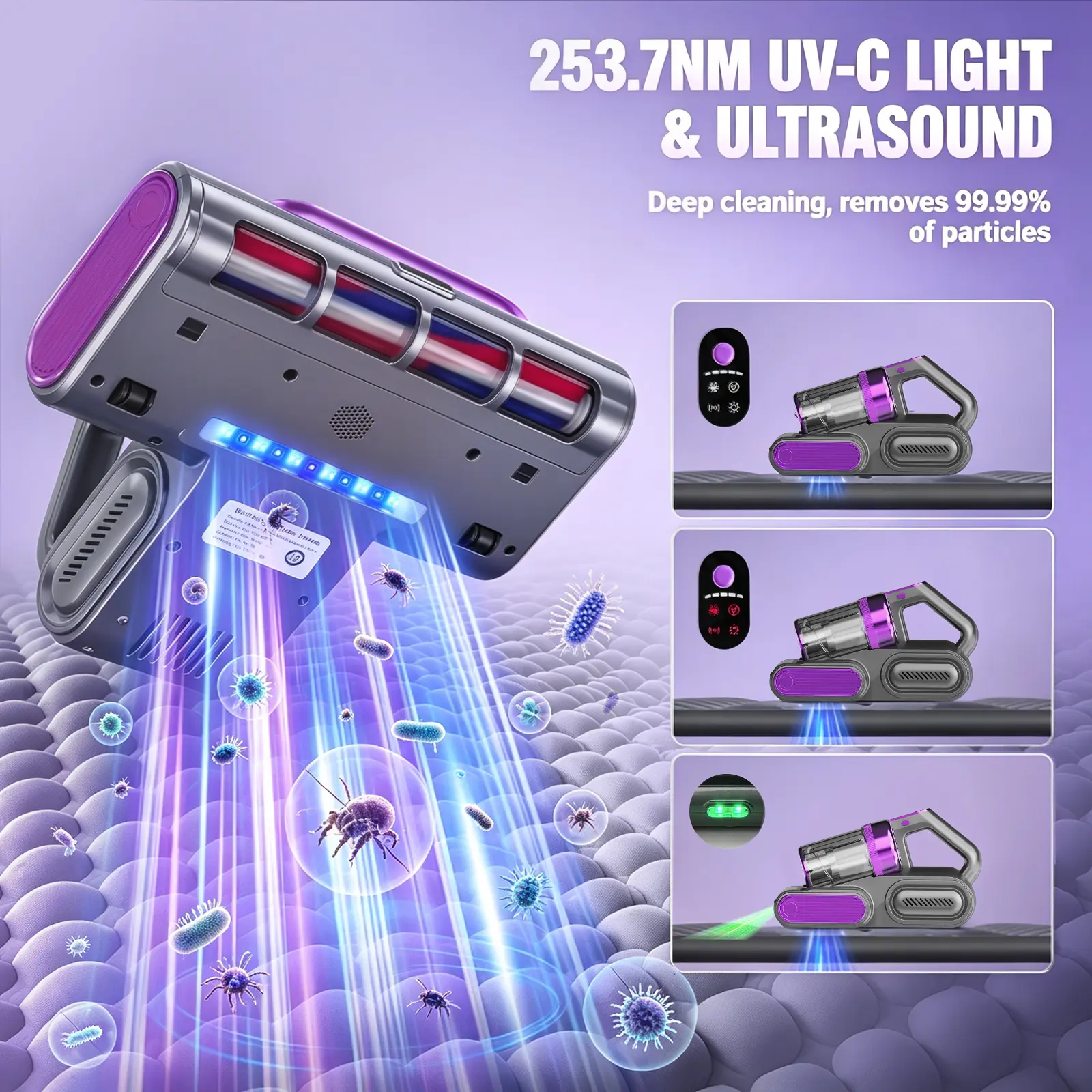 Aspiradora inalámbrica para colchones, aspiradora de limpieza profunda (16 kPa) con función de golpeteo a 80.000 RPM, luz UV-C y ultrasonidos, y depósito de polvo con doble filtro HEPA; ideal para sofás, cunas y pelo de mascotas (sohochic).