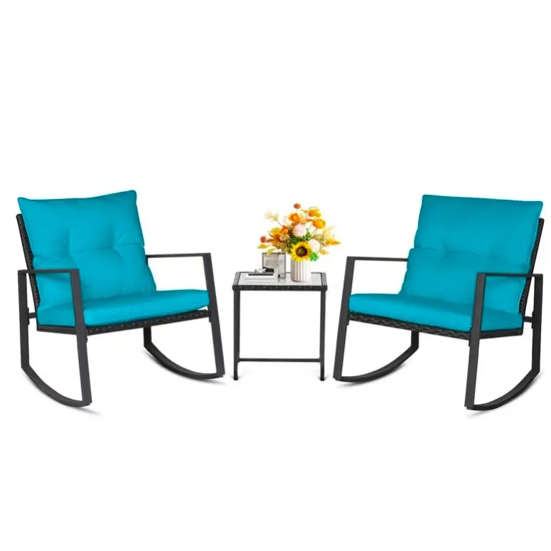 Set de bistró mecedor para exteriores de 3 piezas: muebles de mimbre negro, sillas para porche y mesa de centro de cristal.