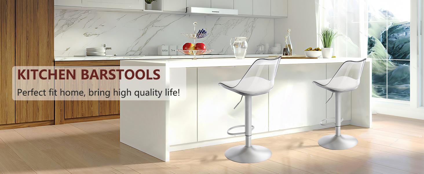 Mojay Modern Clear Acrylic Bar Stools Set of 2-4, Adjustable Swivel Counter Height Bar Chairs with Faux Leather Upholstered Seat and Ergonomic Backrest, Contemporary Bar Stools for Kitchen Island