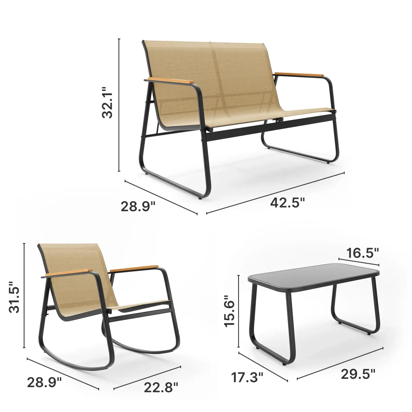 Juego de muebles de patio modernos de 4 piezas, resistente conjunto para zona de conversación: resistente a la intemperie, estable y con reposabrazos de madera; incluye 2 mecedoras y mesa de centro para patio o balcón.