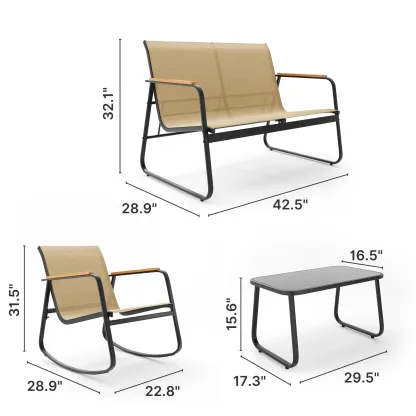 Juego de muebles de patio modernos de 4 piezas, resistente conjunto para zona de conversación: resistente a la intemperie, estable y con reposabrazos de madera; incluye 2 mecedoras y mesa de centro para patio o balcón.