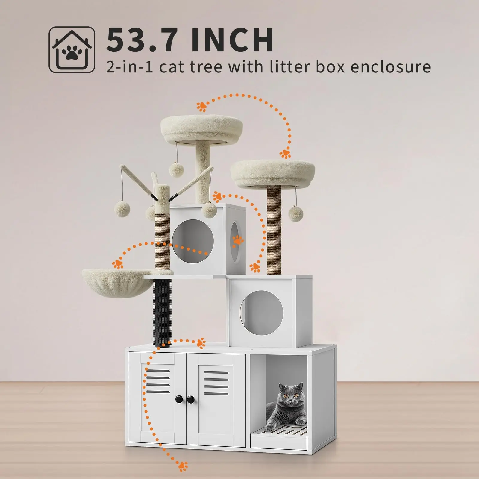 Casa moderna para gatos 2 en 1 con torre y espacio cerrado para el arenero