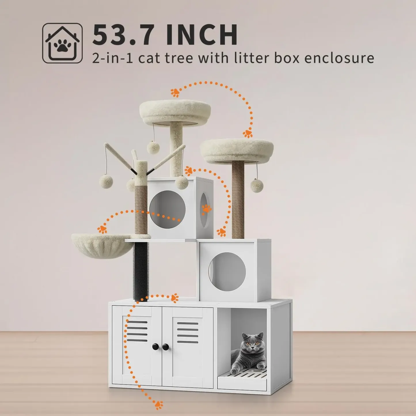 Casa moderna para gatos 2 en 1 con torre y espacio cerrado para el arenero