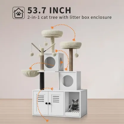 Casa moderna para gatos 2 en 1 con torre y espacio cerrado para el arenero