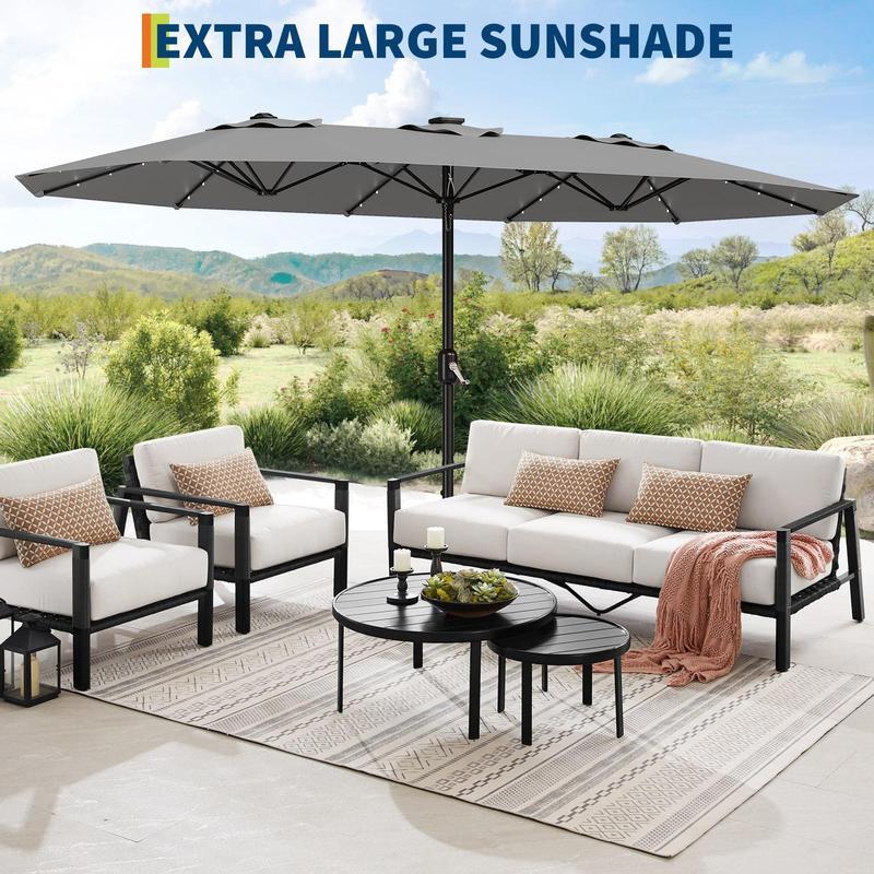 [SummerVibes] Sombrilla grande para exteriores Garvee de 15 pies (4,5 m) con base – Opción de luz LED, diseño de doble cara, manivela, resistente al agua; incluye base lastrada y saco de arena; capacidad para 10 personas; ideal para piscina, jardín, céspe