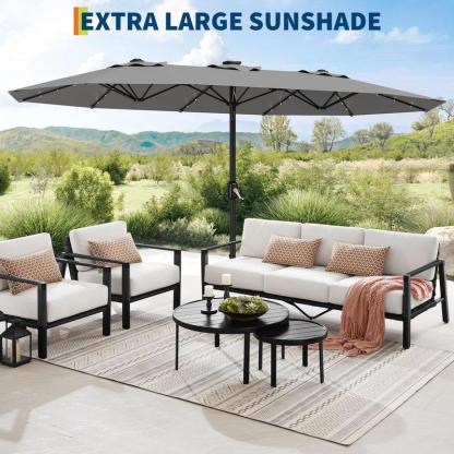 [SummerVibes] Sombrilla grande para exteriores Garvee de 15 pies (4,5 m) con base – Opción de luz LED, diseño de doble cara, manivela, resistente al agua; incluye base lastrada y saco de arena; capacidad para 10 personas; ideal para piscina, jardín, céspe