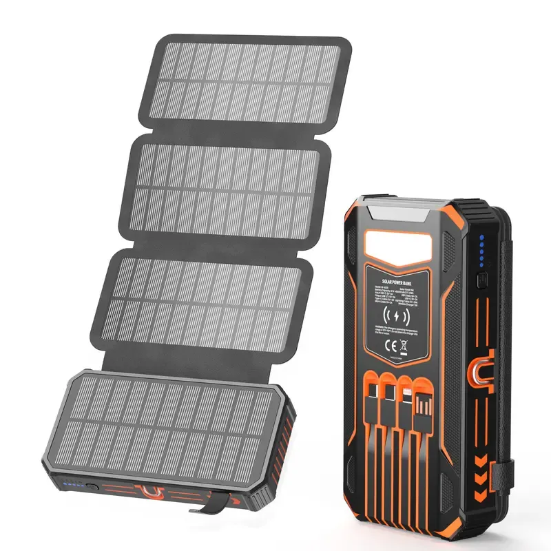 Batería Externa Solar de 48.000 mAh, Cargador Portátil Inalámbrico con 4 Cables Integrados y 7 Salidas, Carga Rápida de 15 W con USB-C y Linterna, Compatible con Todos los Dispositivos Móviles.