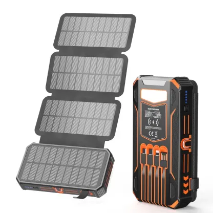 Batería Externa Solar de 48.000 mAh, Cargador Portátil Inalámbrico con 4 Cables Integrados y 7 Salidas, Carga Rápida de 15 W con USB-C y Linterna, Compatible con Todos los Dispositivos Móviles.