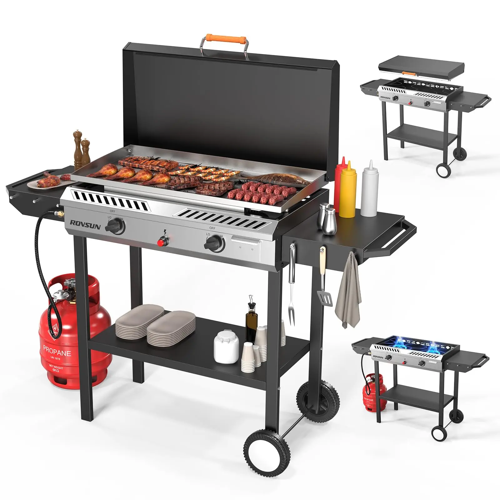 Estufa de gas propano para exteriores de 2/3 quemadores con plancha, encendido automático, regulador y estantes laterales; potente cocina con soporte de 150.000/225.000 BTU, ideal para cocinar en el patio trasero, elaboración casera de bebidas, envasado,