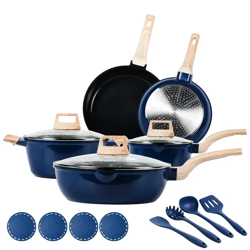 Batería de Cocina de 16 Piezas con Revestimiento Cerámico de Granito y Titanio, Libre de PFAS, Antiadherente, Apta para Inducción, Horno y Lavavajillas, Incluye Sartén de 24 cm, Tapas de Vidrio y Utensilios
