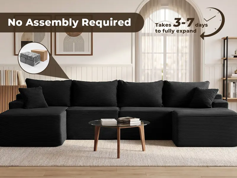 【1-2 Packages】118" U Shaped Boneless  Sectional Sofa bed with 2 Pillows, 6-Seater Oversized Modular Couch, Comfy Corduroy Cloud Sofa with Deep Seat, Fluffy Cozy Sofa for Living Room, No Assembly Required
