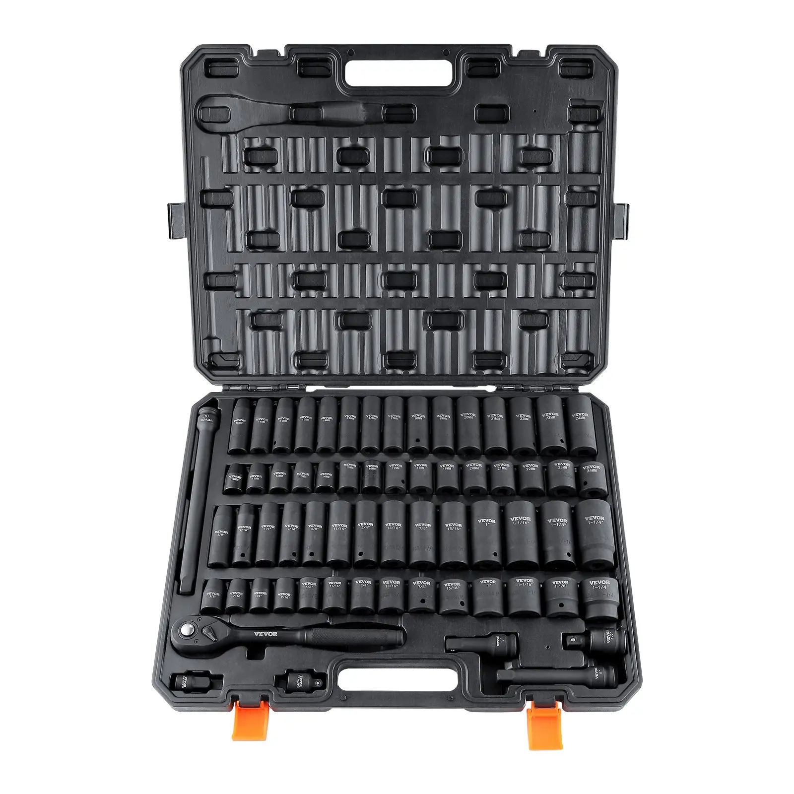 **Juego de Vasos de Impacto de 1/2" de 65 Piezas con Acero Cr-V, Vasos SAE y Métricos de 6 Puntas, Estuche de Almacenamiento para Reparación de Autos.**