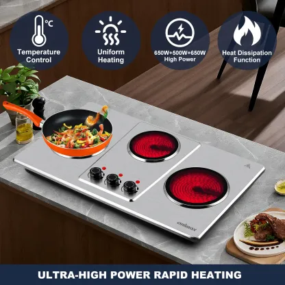 Parrilla eléctrica infrarroja de 3 quemadores y 1800 W, con superficie de vidrio cerámico, 11 niveles de temperatura y apagado automático.