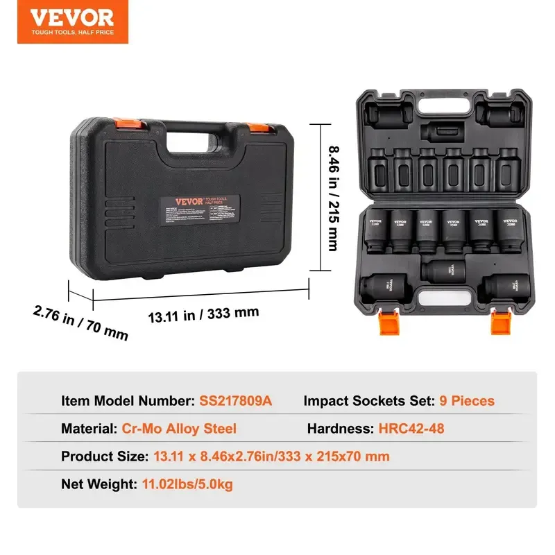 **Juego de Vasos de Impacto de 1/2" de 65 Piezas con Acero Cr-V, Vasos SAE y Métricos de 6 Puntas, Estuche de Almacenamiento para Reparación de Autos.**