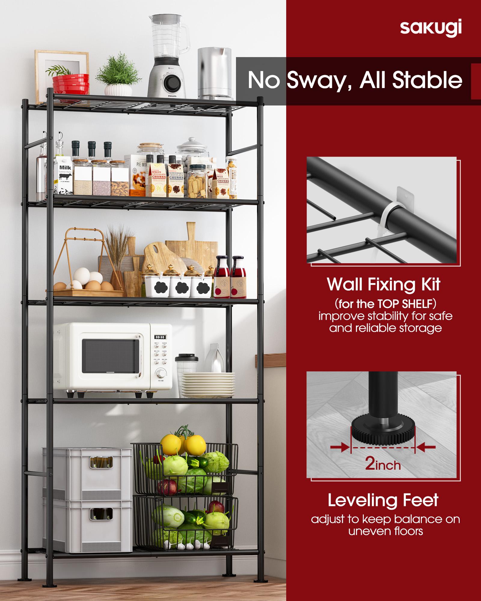 Storage Shelves - 5-Tier Metal Storage Shelves with Wall Anchoring Kit & Leveling Feet, Sturdy Steel Shelf Organizer for Kitchen, Laundry Room, Bathroom, 31.3" x 12.6" x 72", Black