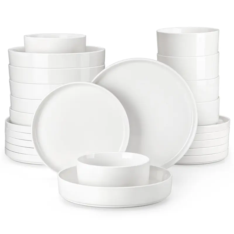 Juego de vajilla de porcelana: servicio de vajilla de cerámica para 4 o 6 personas; incluye platos, cuencos y platos para pasta resistentes a los golpes, aptos para microondas y lavavajillas.