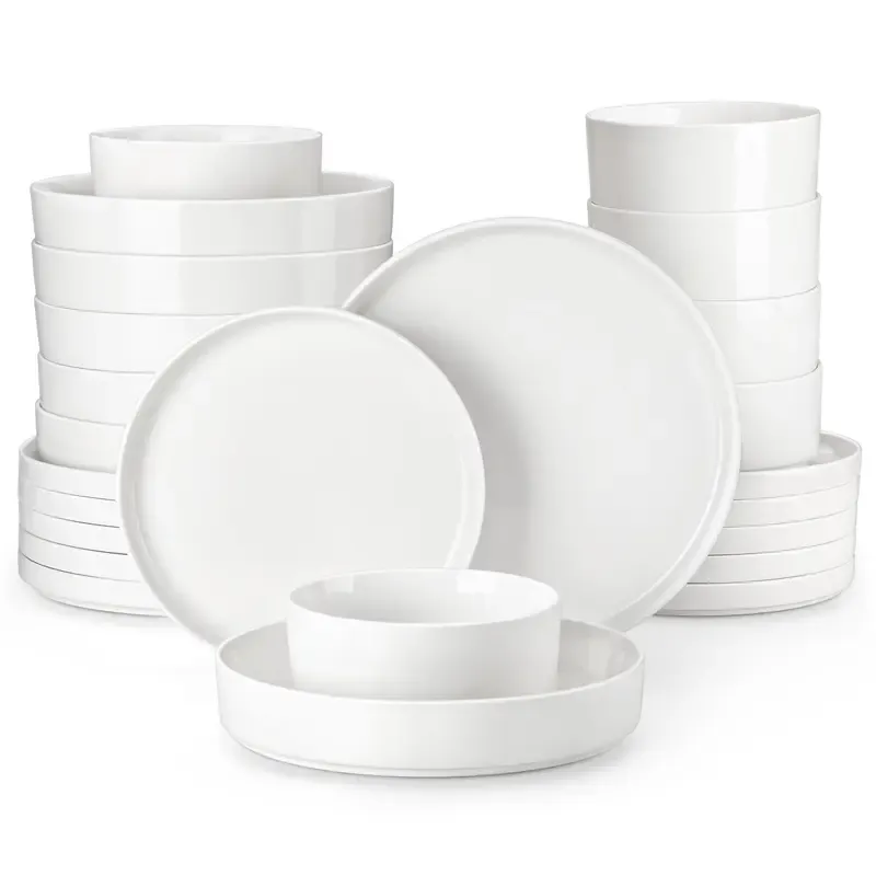 Juego de vajilla de porcelana: servicio de vajilla de cerámica para 4 o 6 personas; incluye platos, cuencos y platos para pasta resistentes a los golpes, aptos para microondas y lavavajillas.