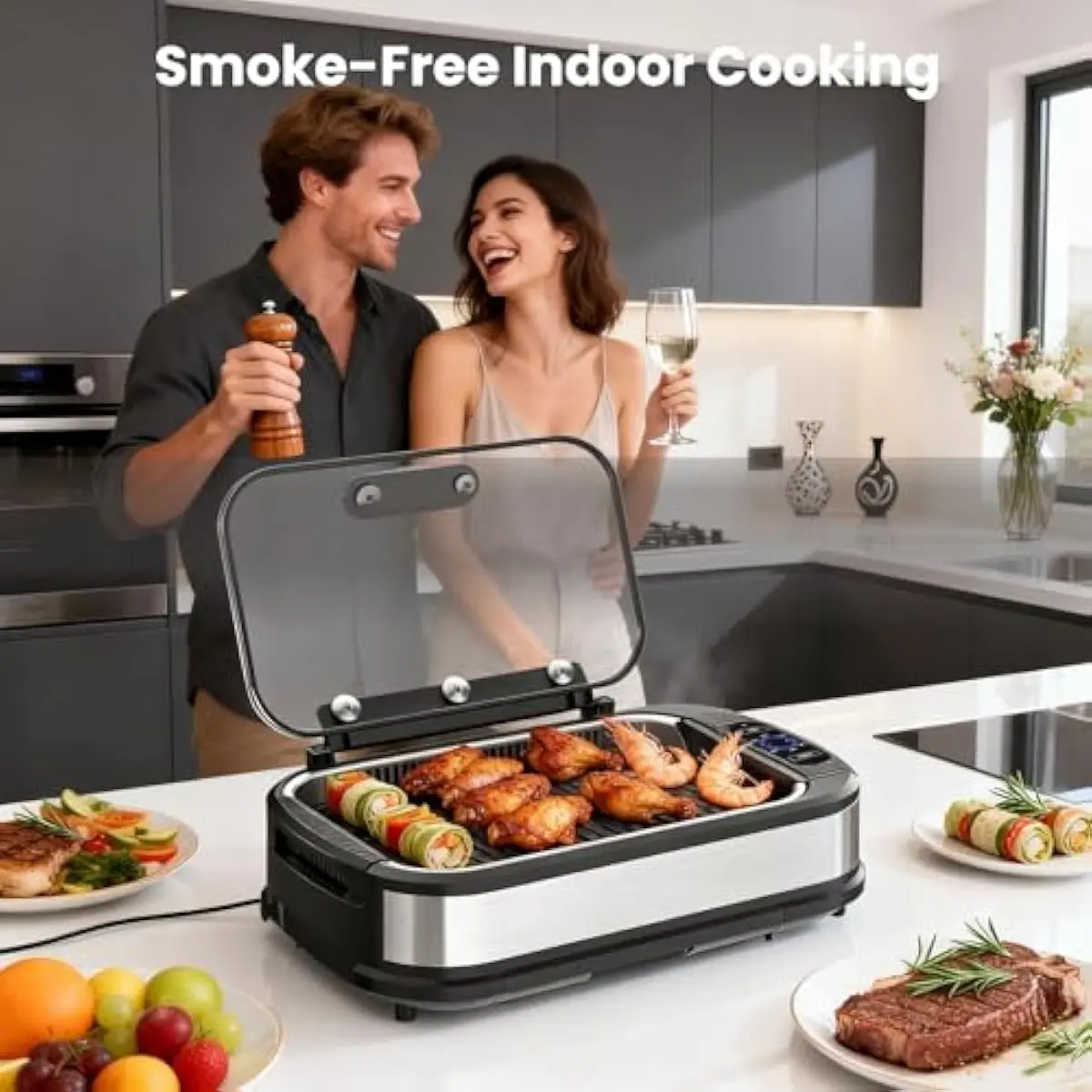 Parrilla Eléctrica de Interior sin Humo de 1500 W, con Tapa de Vidrio Templado, Parrilla Antiadherente para BBQ Coreana, 6 Niveles de Control de Temperatura, Extractor de Humo Doble, Bandeja de Goteo y Piezas Aptas para Lavavajillas, Ideal para el Hogar