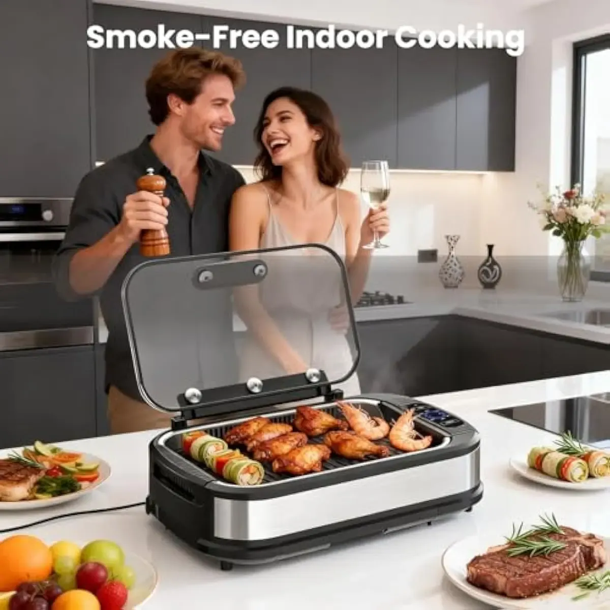 Parrilla Eléctrica de Interior sin Humo de 1500 W, con Tapa de Vidrio Templado, Parrilla Antiadherente para BBQ Coreana, 6 Niveles de Control de Temperatura, Extractor de Humo Doble, Bandeja de Goteo y Piezas Aptas para Lavavajillas, Ideal para el Hogar