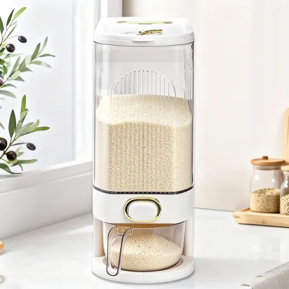 Dispensador de arroz con taza medidora y escala de tiempo - 11.02 lb/22.05 lb, a prueba de polvo, apilable, de plástico duradero, con múltiples compartimentos, apto para alimentos.