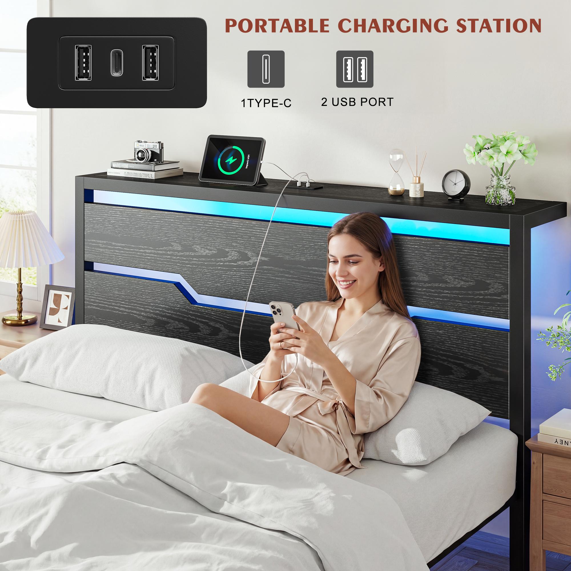 Raybee LED Bed Frame for Queen King Full with Headboard & Storage Shelf, No Mattress, Modern Industrial Wood Platform Bed Frame with Built-In Charging Station, No Noise, Capacity 900LBS with Metal Slats for Bedroom, First Apartment, Teens, Dorms