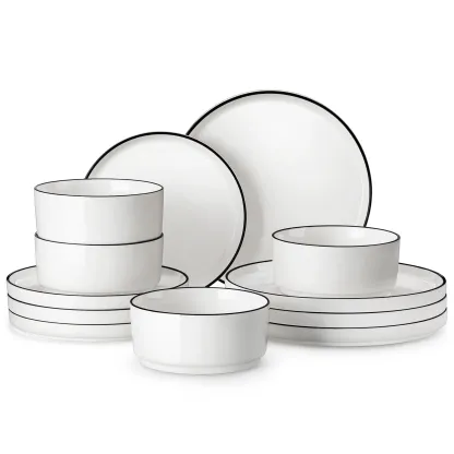 Juego de vajilla de porcelana: servicio de vajilla de cerámica para 4 o 6 personas; incluye platos, cuencos y platos para pasta resistentes a los golpes, aptos para microondas y lavavajillas.