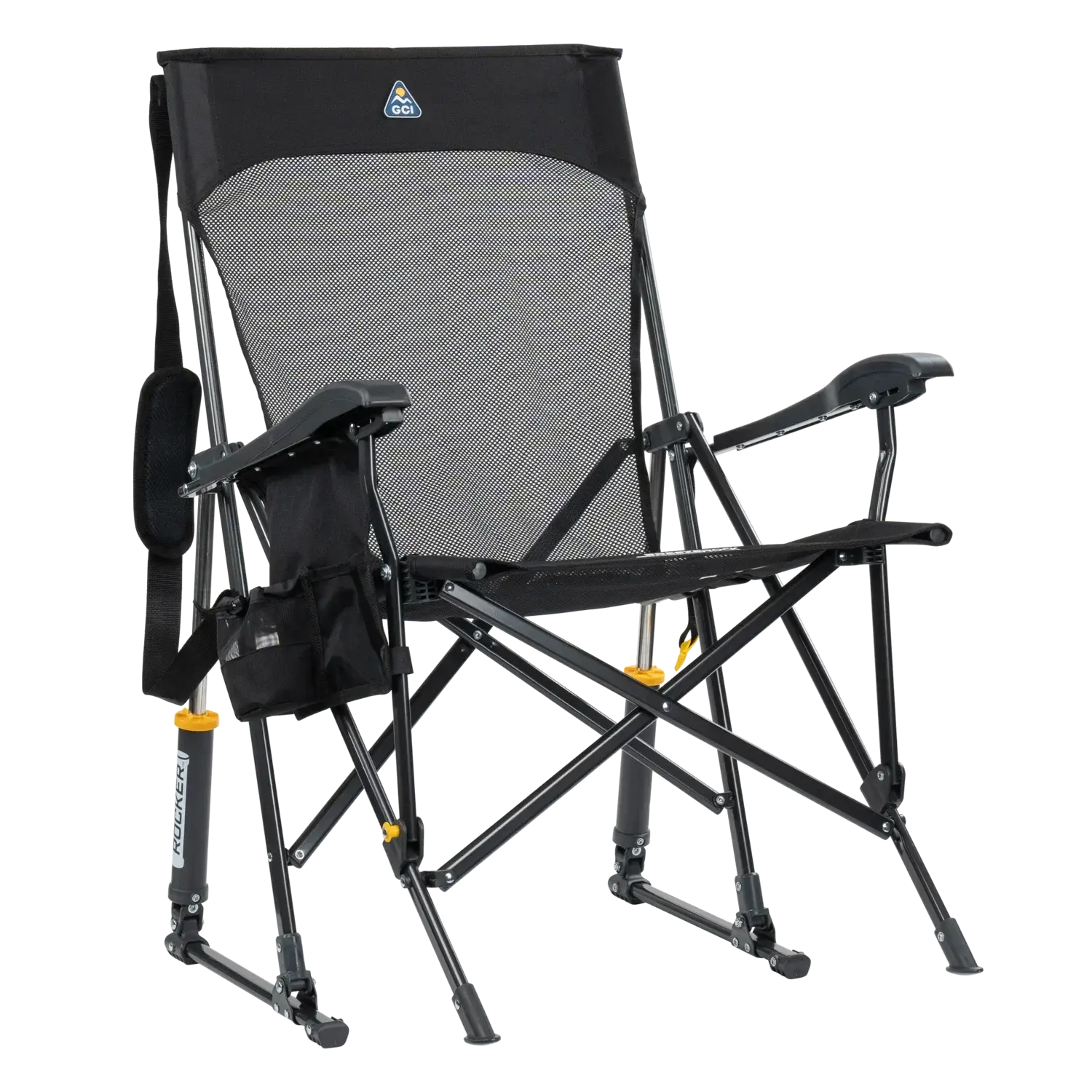 Silla GCI Outdoor BreezeRocker con mecanismo de balanceo por resorte y respaldo de malla, color verde azulado y negro.