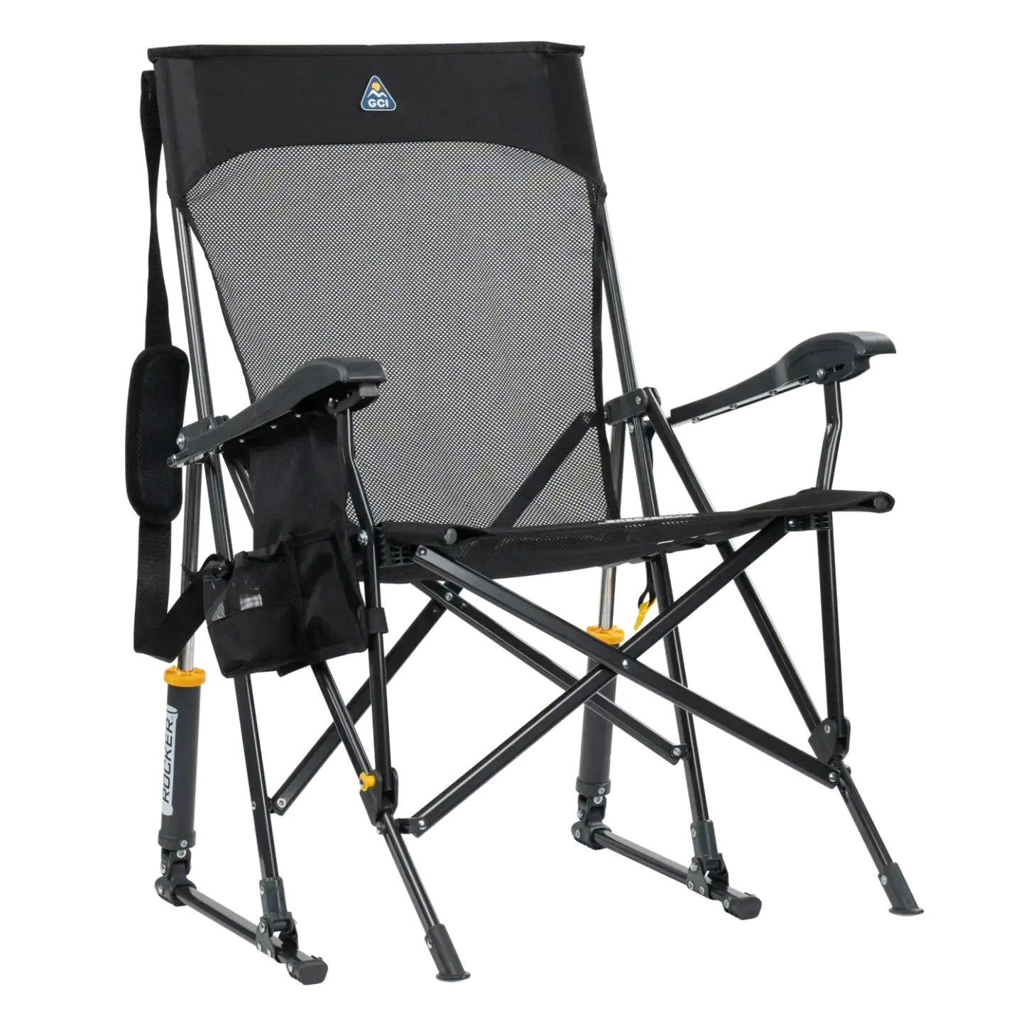 Silla GCI Outdoor BreezeRocker con mecanismo de balanceo por resorte y respaldo de malla, color verde azulado y negro.