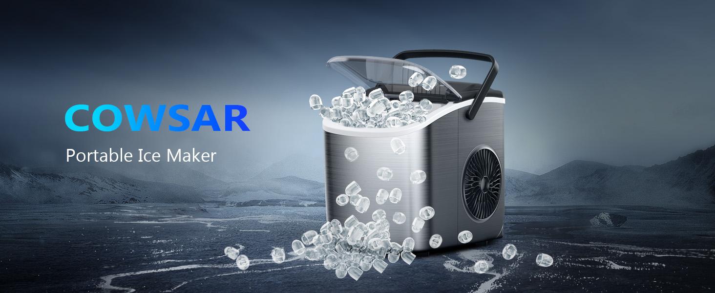 COWSAR Bullet Ice Maker Countertop with Self-Cleaning, Staninless Steel or ABS Plastic, 26.5lbs/24Hrs, 6 Mins/9 Pcs Bullet Ice, Portable Ice Maker for Kitchen/Home/Office/Party/RV
