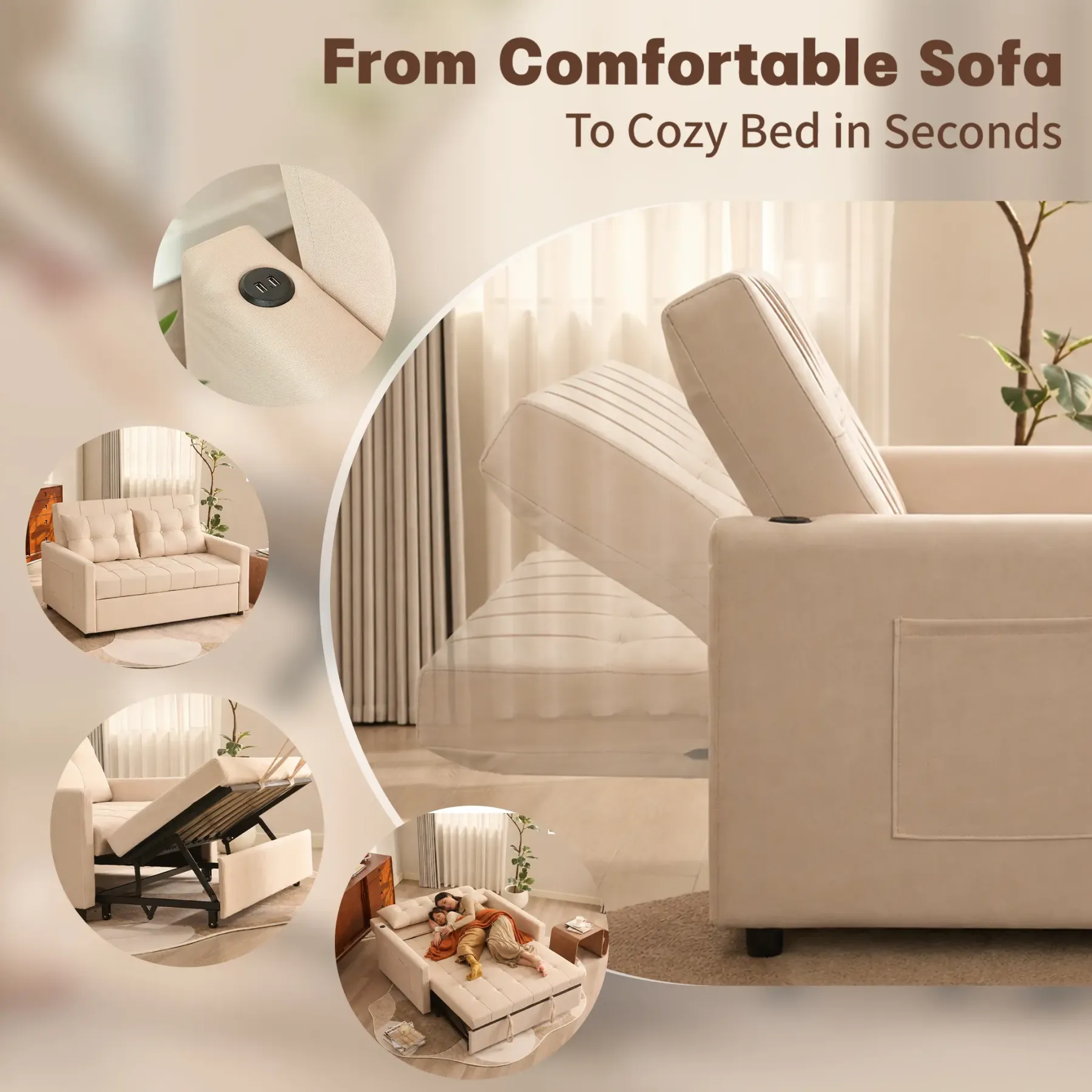 Sofá cama de 52" con cama extraíble, sofá, sofá cama convertible 3 en 1, sofá de dos plazas con respaldo ajustable sin escalones y bolsillo lateral, para sala de estar, dormitorio, apartamento, cama de día, sofás para sala