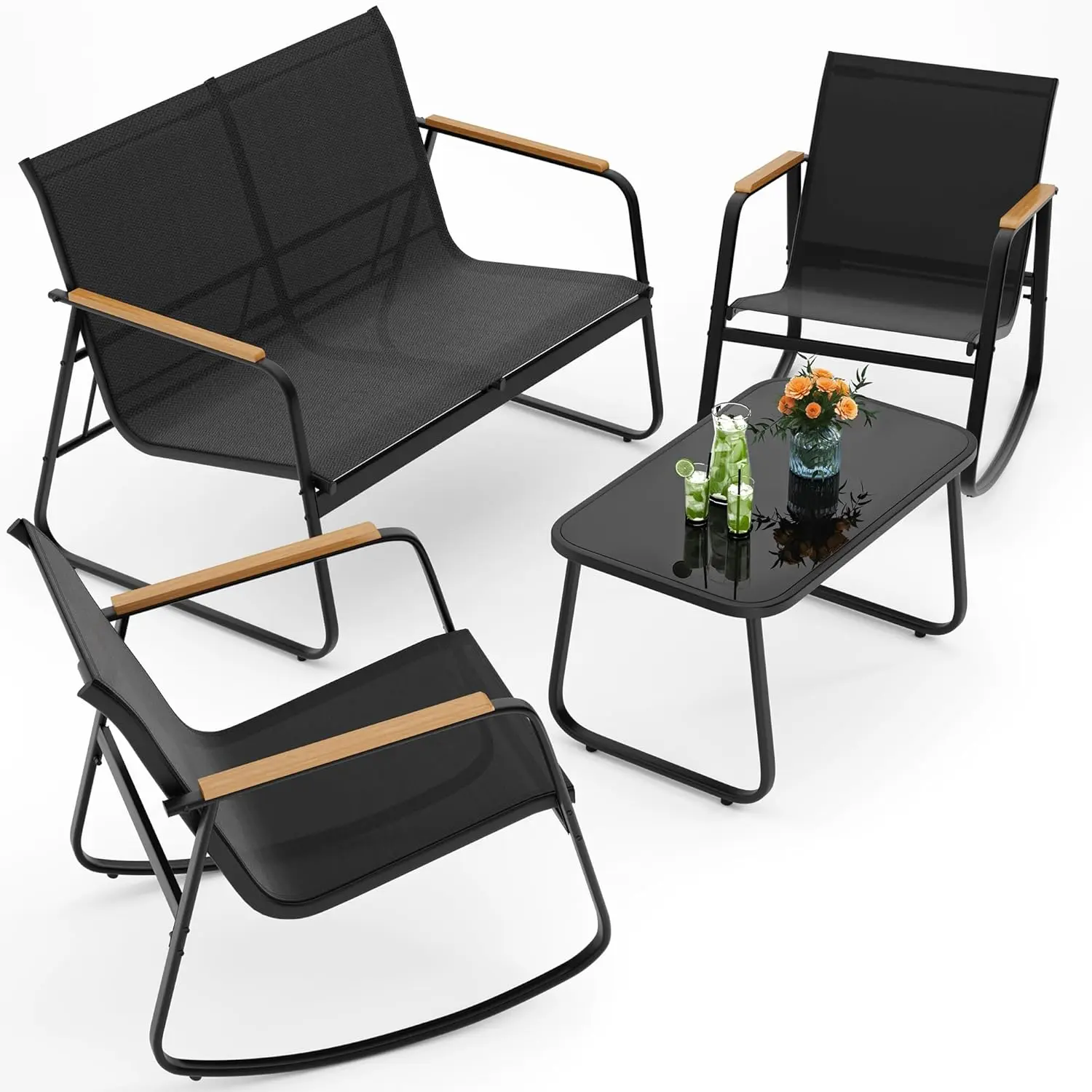 Juego de muebles de patio modernos de 4 piezas, resistente conjunto para zona de conversación: resistente a la intemperie, estable y con reposabrazos de madera; incluye 2 mecedoras y mesa de centro para patio o balcón.