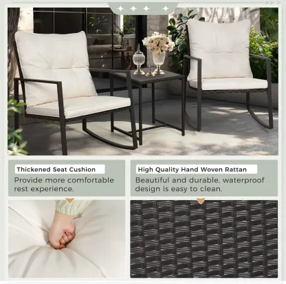 Set de bistró mecedor para exteriores de 3 piezas: muebles de mimbre negro, sillas para porche y mesa de centro de cristal.