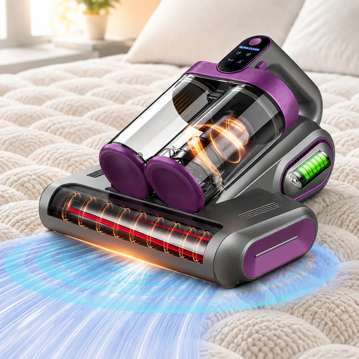 Aspiradora inalámbrica para colchones, aspiradora de limpieza profunda (16 kPa) con función de golpeteo a 80.000 RPM, luz UV-C y ultrasonidos, y depósito de polvo con doble filtro HEPA; ideal para sofás, cunas y pelo de mascotas (sohochic).