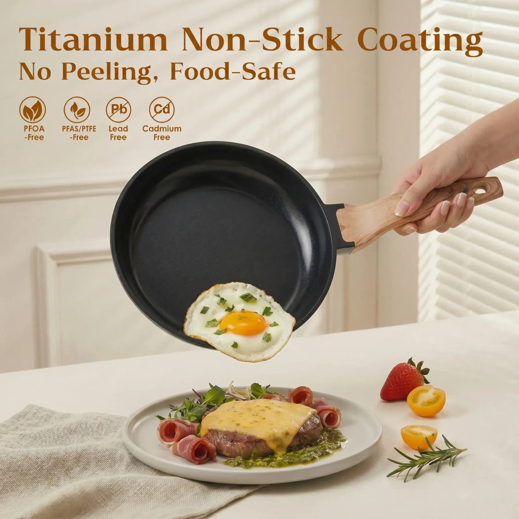 Batería de Cocina de 16 Piezas con Revestimiento Cerámico de Granito y Titanio, Libre de PFAS, Antiadherente, Apta para Inducción, Horno y Lavavajillas, Incluye Sartén de 24 cm, Tapas de Vidrio y Utensilios