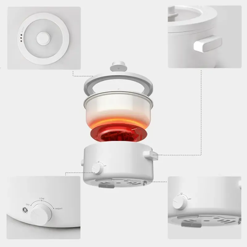 Olla eléctrica portátil de 2 L con revestimiento cerámico antiadherente, multifuncional, calentamiento rápido y protección contra sobrecalentamiento, ideal para ramen, pasta y fondue.