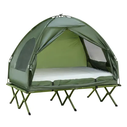 #Summervibes Outsunny — Catre de camping plegable (1 o 2 personas) con tienda de campaña, cubrecama y colchón de aire grueso. Cama de camping elevada 4 en 1 para senderismo, pícnics y viajes al aire libre.