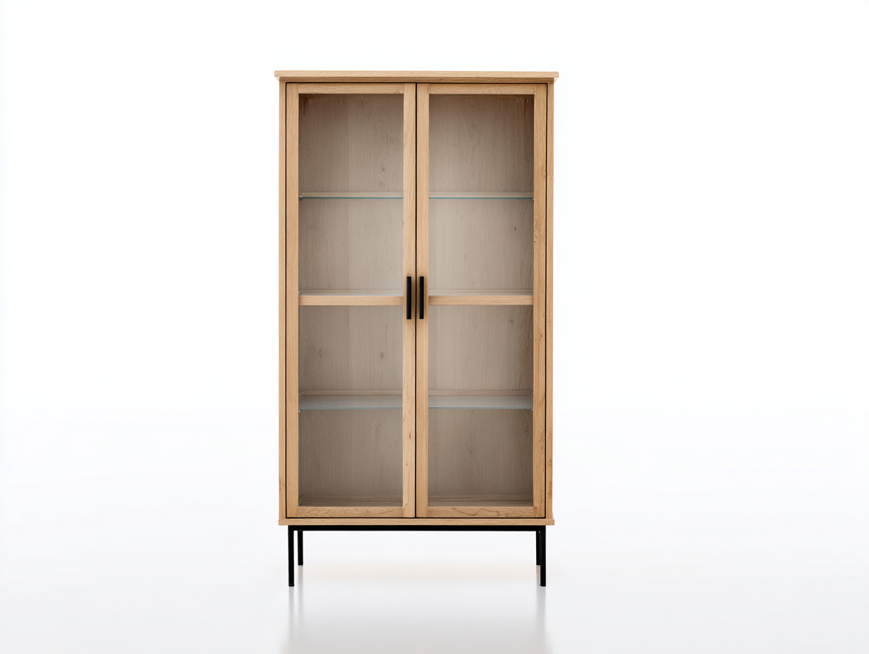 Vetrina-Legno-Vetro-Metallo-82x38x168 cm-Rovere naturale-Vetro trasparente-Nero-Industriale-Corianohaus