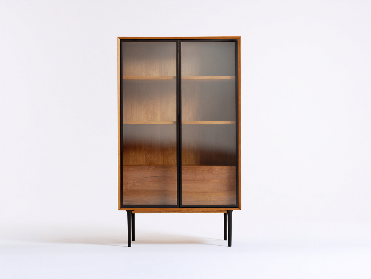 Vetrina-Legno-Vetro-Metallo-80x38x164 cm-Noce caldo-Vetro fumé-Nero-Minimalista industriale-Corianohaus