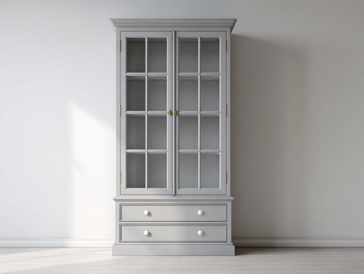 Vetrina-Legno-Vetro-Metallo-104x43x188 cm-Grigio chiaro-Vetro trasparente-Oro-Classico-Corianohaus