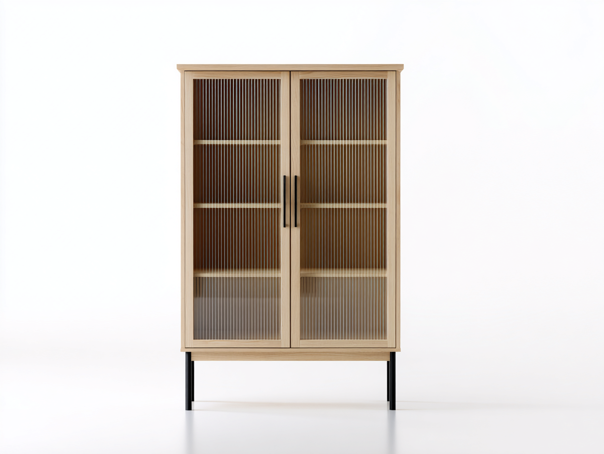Vetrina-Legno-Vetro-Metallo-90x40x170 cm-Rovere chiaro-Vetro scanalato-Nero-Scandinavo minimalista-Corianohaus