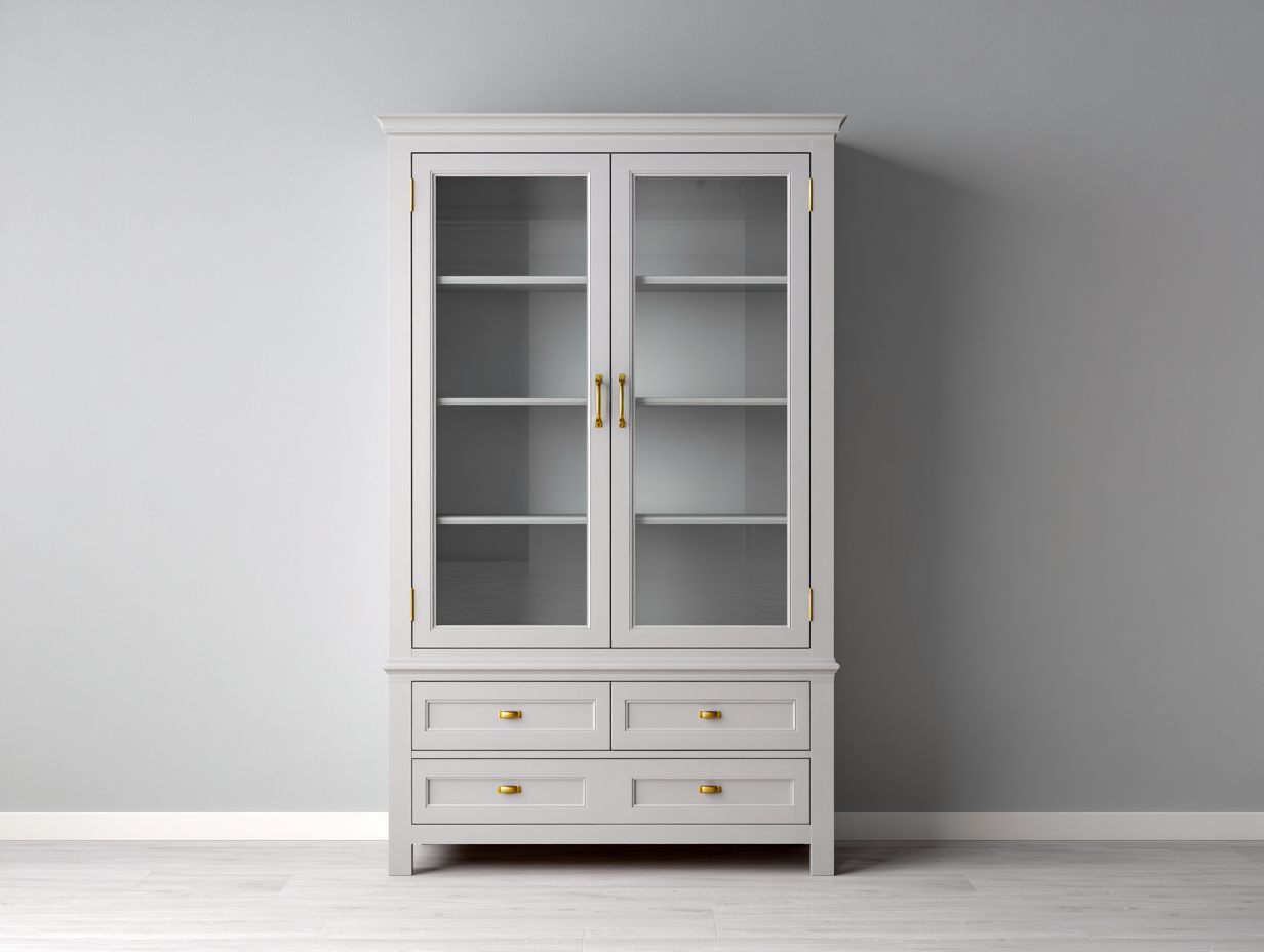 Vetrina-Legno-Vetro-Metallo-112x44x184 cm-Grigio tortora-Vetro trasparente-Oro-Classico-Corianohaus
