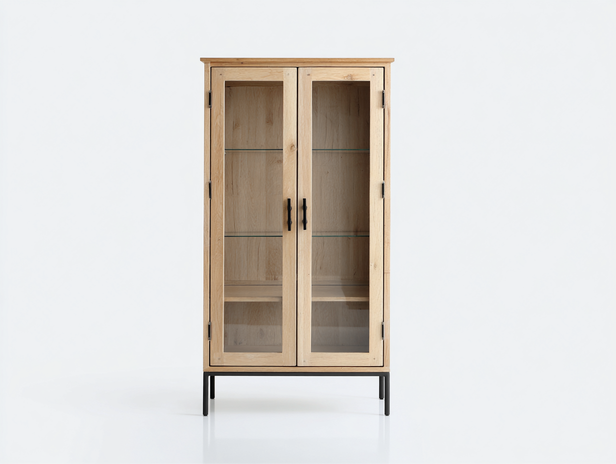 Vetrina-Legno-Vetro-Metallo-78x37x166 cm-Rovere naturale-Vetro trasparente-Nero-Industriale-Corianohaus