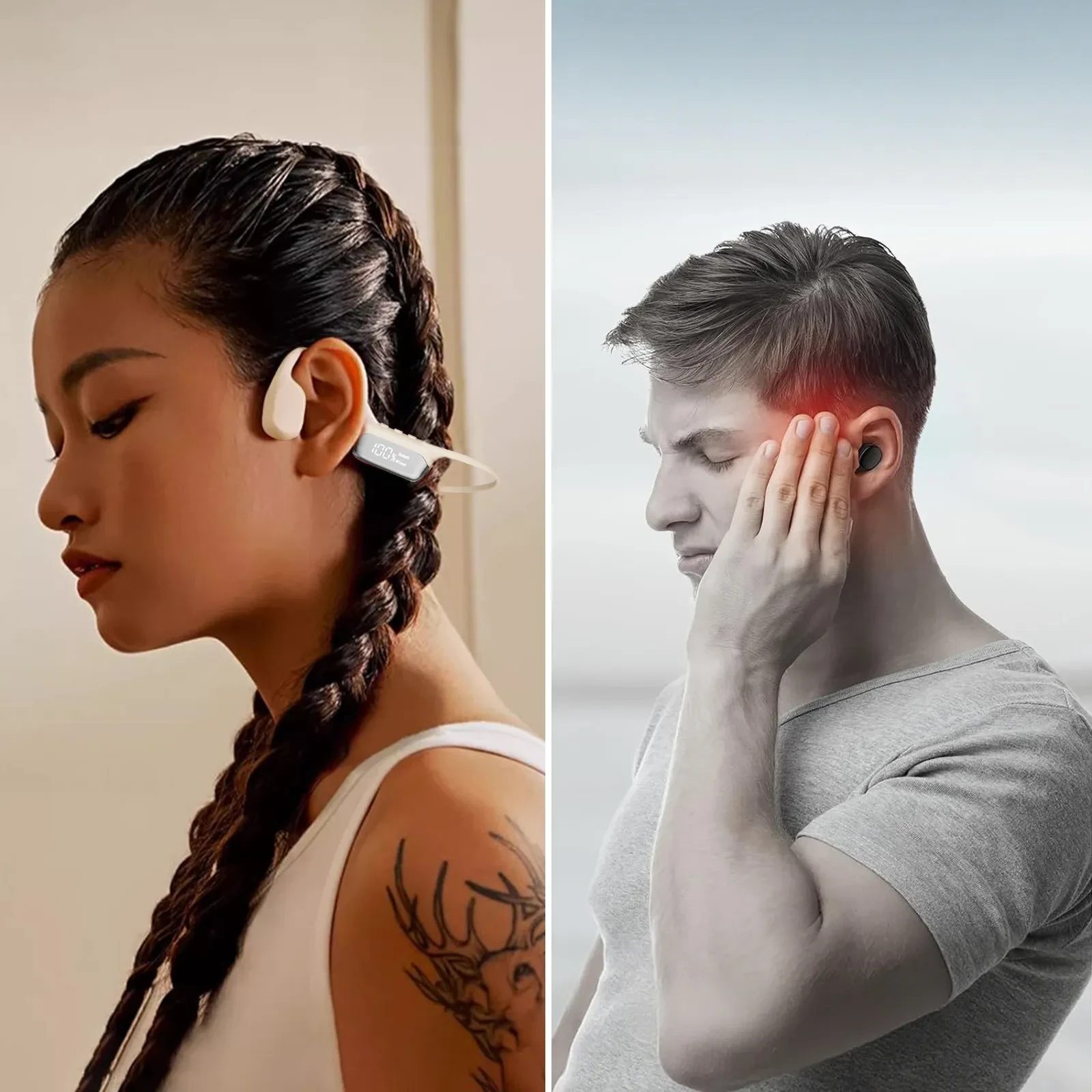 Woman wearing white open-ear wireless headphones next to man with in-ear earbud experiencing ear discomfort.