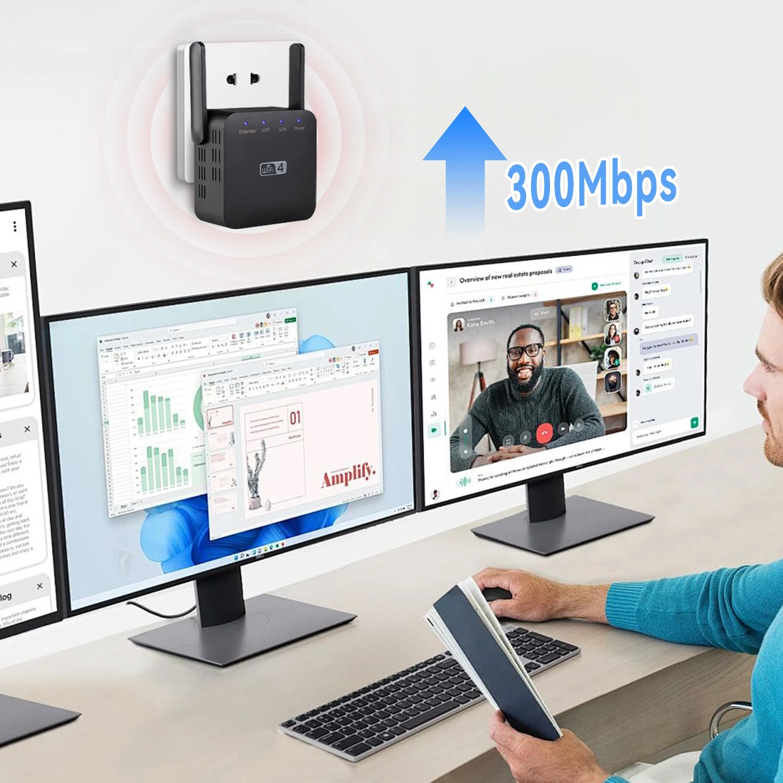 Black WiFi 4 range extender with dual antennas plugged into a wall outlet, showing 300Mbps speed