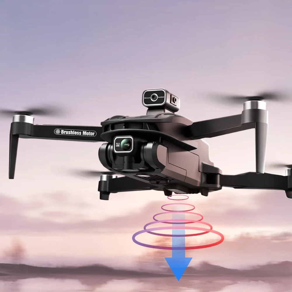 Black foldable quadcopter drone with 4K camera, dual obstacle-avoidance sensors, and spinning propellers flying above clouds